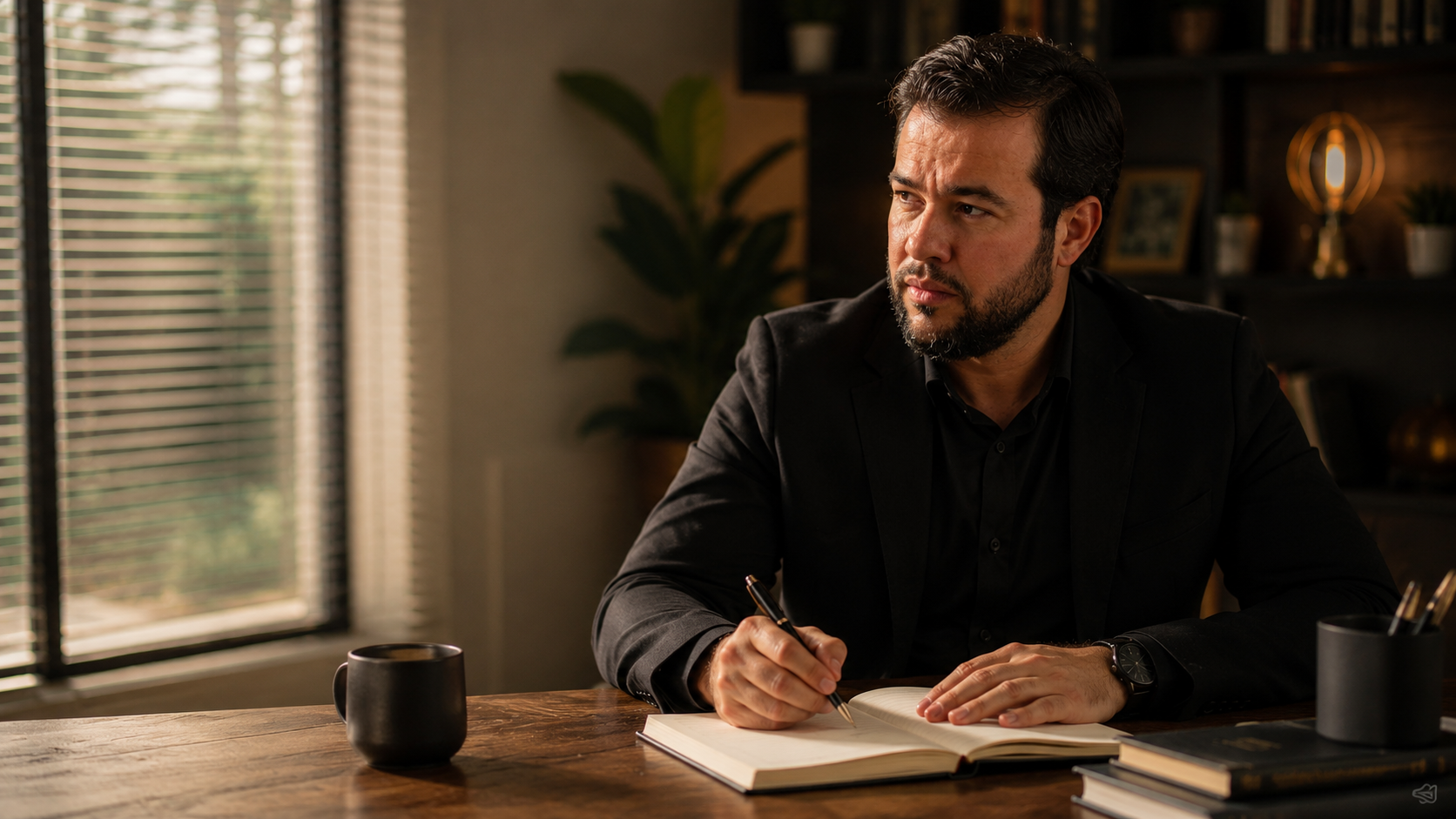 Homem escrevendo em um caderno em seu escritório, luz natural